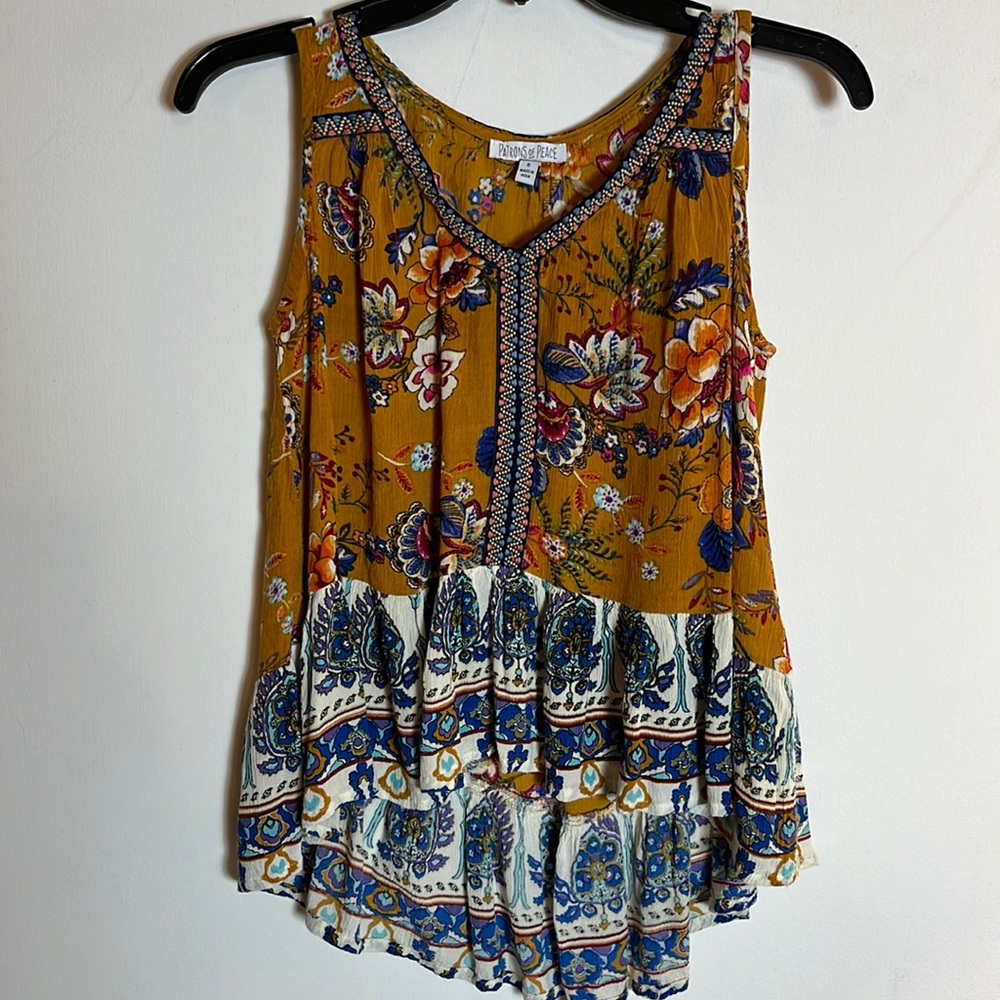 Patrons of Peace Floral High Low Hem Tank Top S Mustard Blue Embroidered Trim